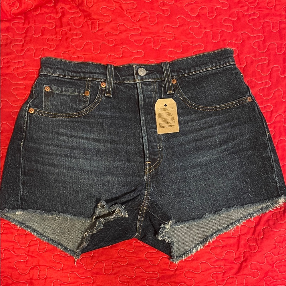 Levi's Dark Blue 501 Denim Raw Edge Hem Jean Shorts